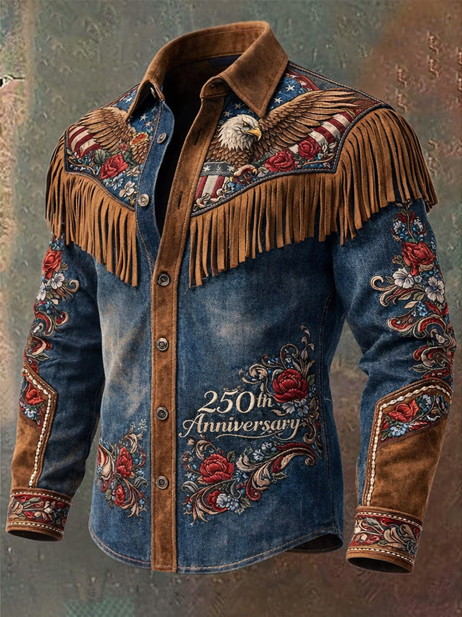 Men's Retro Western Style Art Print Vintage Tassel Casual Long Sleeve Shirt
